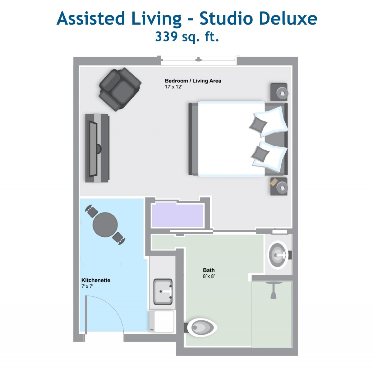 Floor plan of an Assisted Living Studio Deluxe, covering 359 sq. ft.