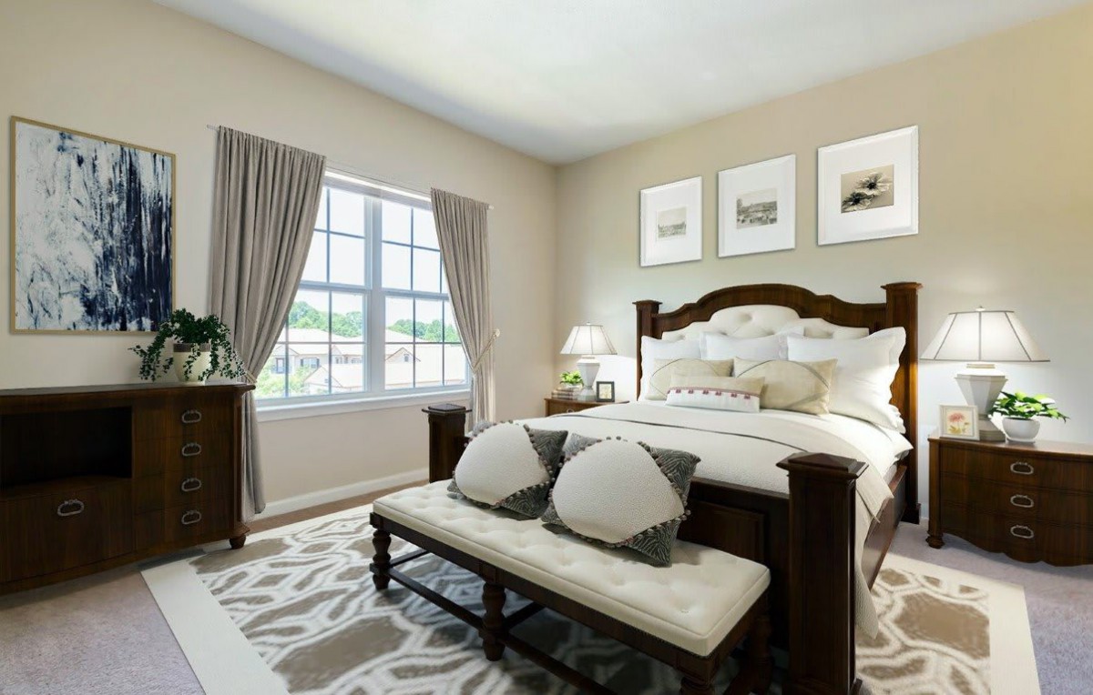 A cozy and elegantly designed bedroom with classic furniture and soft lighting.