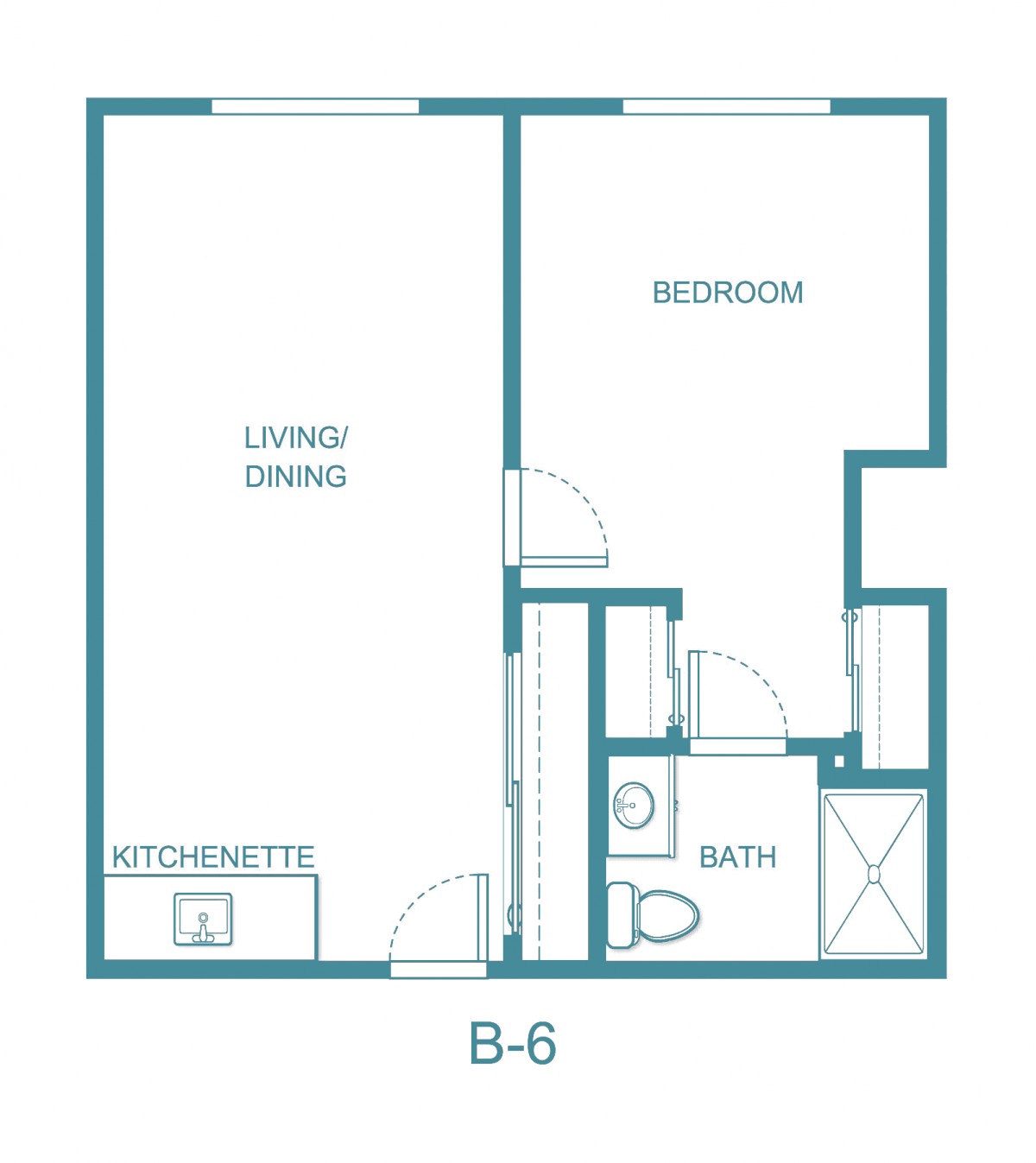 A one-bedroom apartment floor plan with living area, kitchenette, and bathroom.