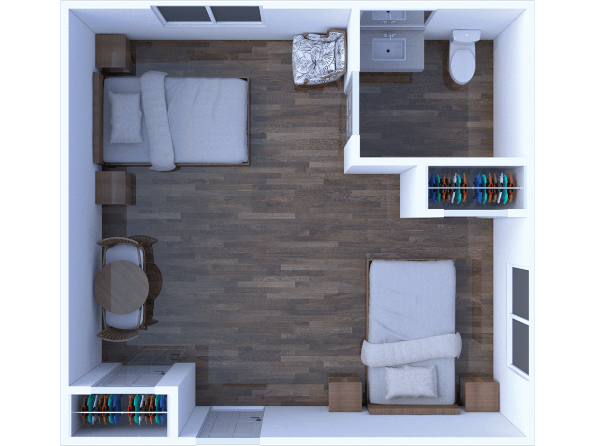 A top-down view of a small shared bedroom with two single beds.
