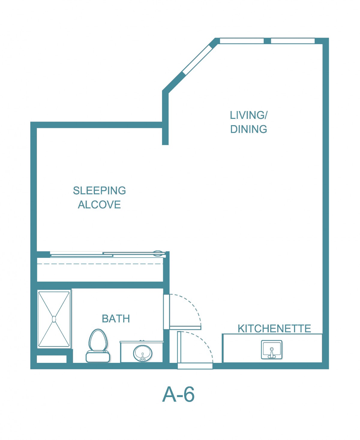 Studio apartment floor plan with a kitchenette, sleeping alcove, and bathroom.
