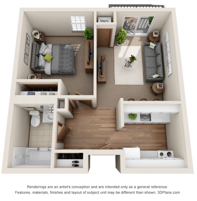 A 3D floor plan of a one-bedroom apartment showcasing the layout of living space, kitchen, bedroom, and bathroom.