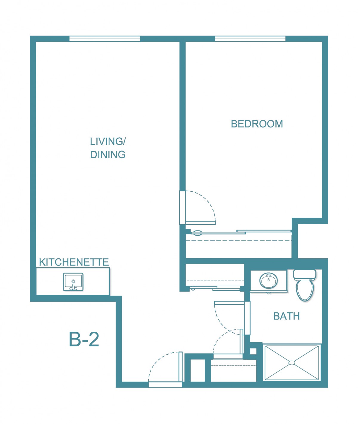 A one-bedroom apartment floor plan with a living/dining area, kitchen, and bathroom.