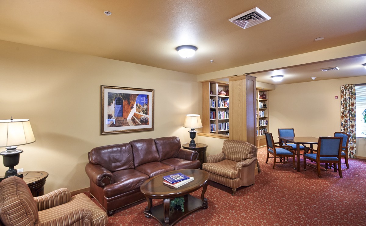 A cozy living room area with leather sofas, a coffee table, bookshelves, and ambient lighting.