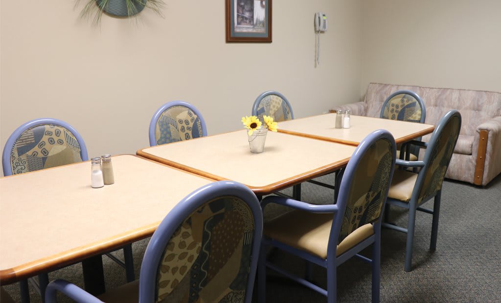 A cozy dining room with a rectangular table, surrounded by chairs and adorned with flowers in a vase.