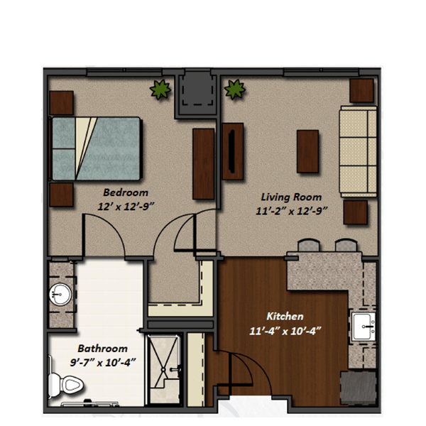 A one-bedroom apartment floor plan with living room, kitchen, and bathroom.