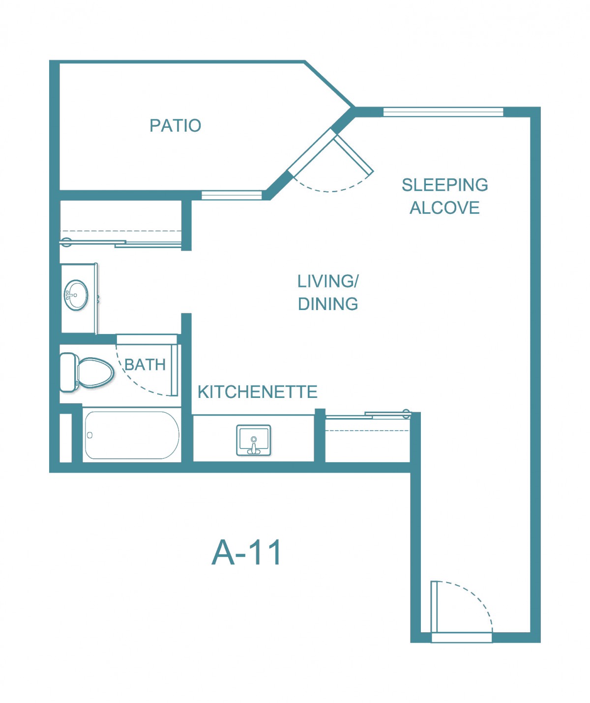 A floor plan labeled A-11 showing the layout of a studio apartment with a kitchenette, living/dining area, sleeping alcove, bath, and patio.