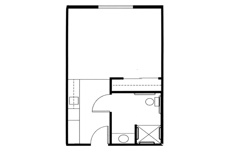 Studio apartment floor plan with kitchen and bathroom layout.