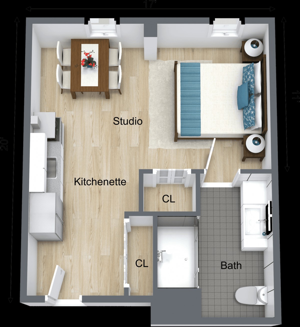 A studio apartment floor plan with a combined sleeping and living area, kitchenette, bathroom, and closet space.