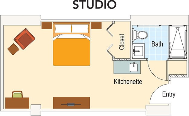 A floor plan of a studio apartment featuring a bedroom, kitchenette, bathroom, and closet.