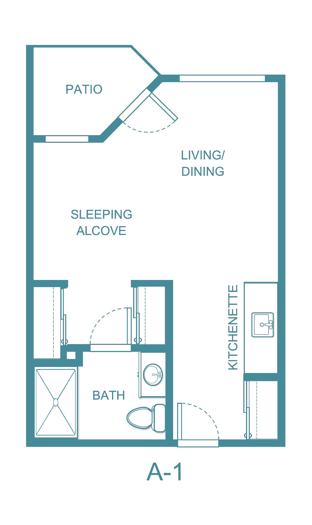 A floor plan of a studio apartment featuring a living/dining area, sleeping alcove, kitchenette, and bathroom.