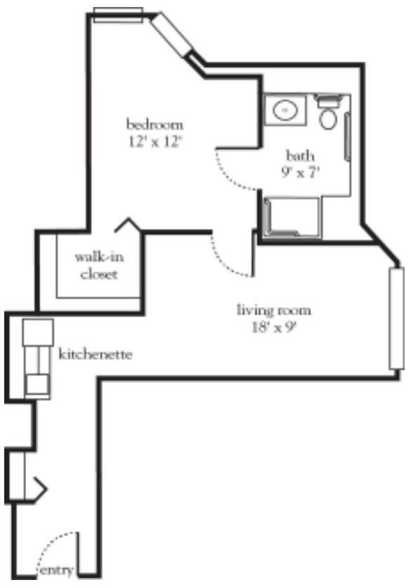 A floor plan of an apartment showing a living room, bedroom, bathroom, and kitchenette.