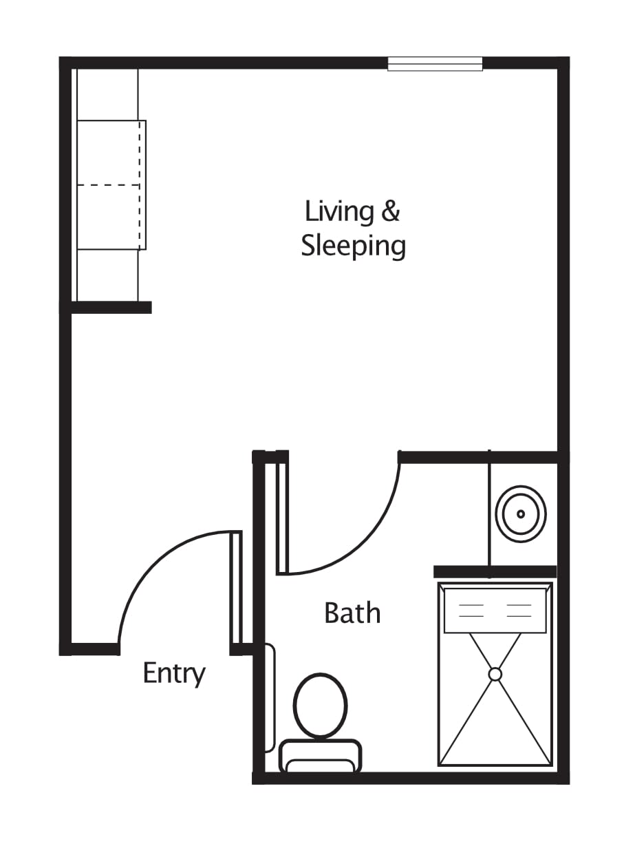 Studio apartment floor plan with living and sleeping area, entry, and bathroom.
