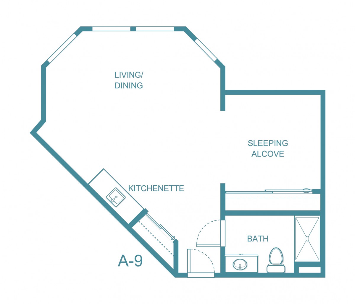 Floor plan of a studio apartment with a sleeping alcove, kitchenette, and living/dining area.