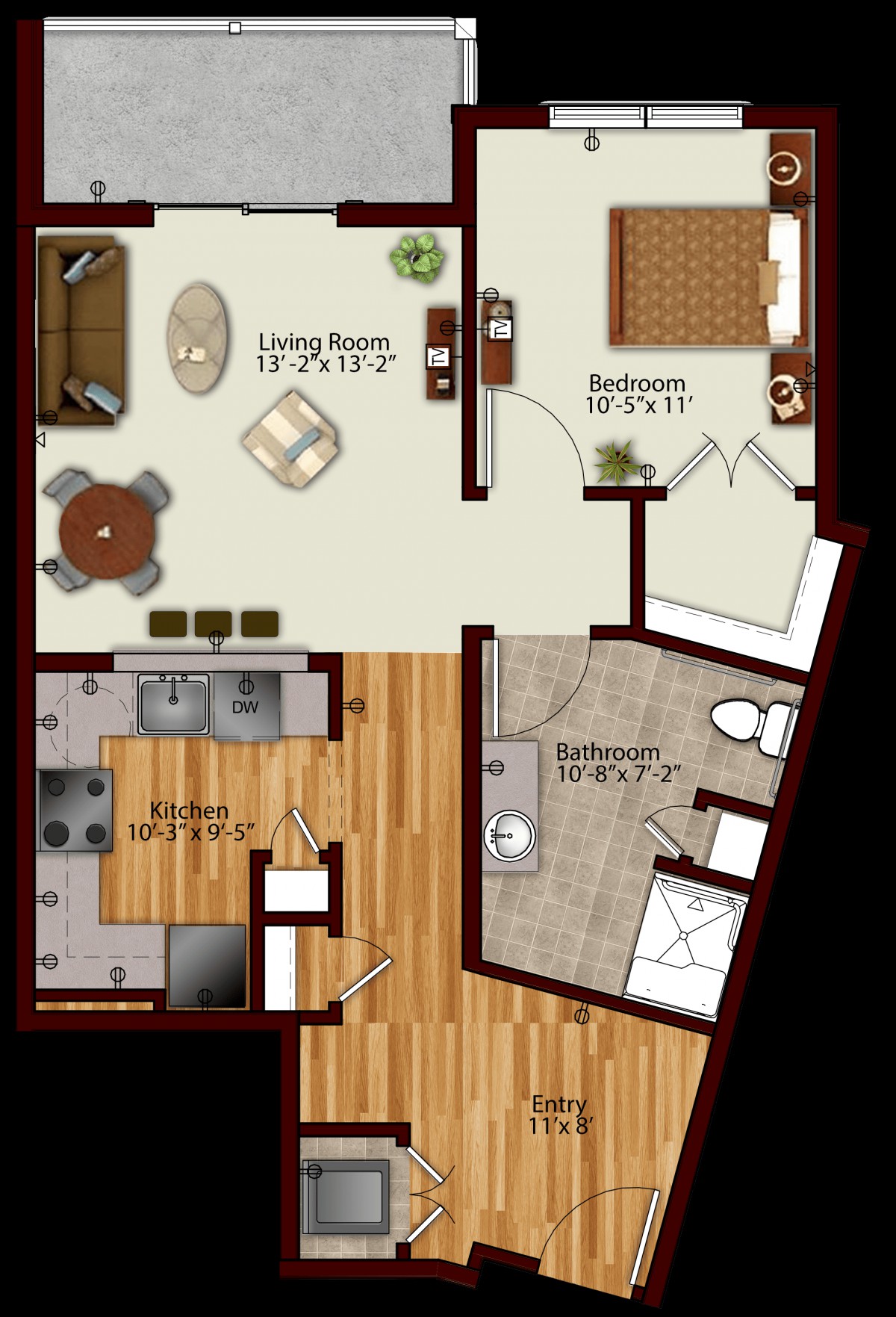 One-bedroom apartment floor plan with living room, kitchen, and bathroom.
