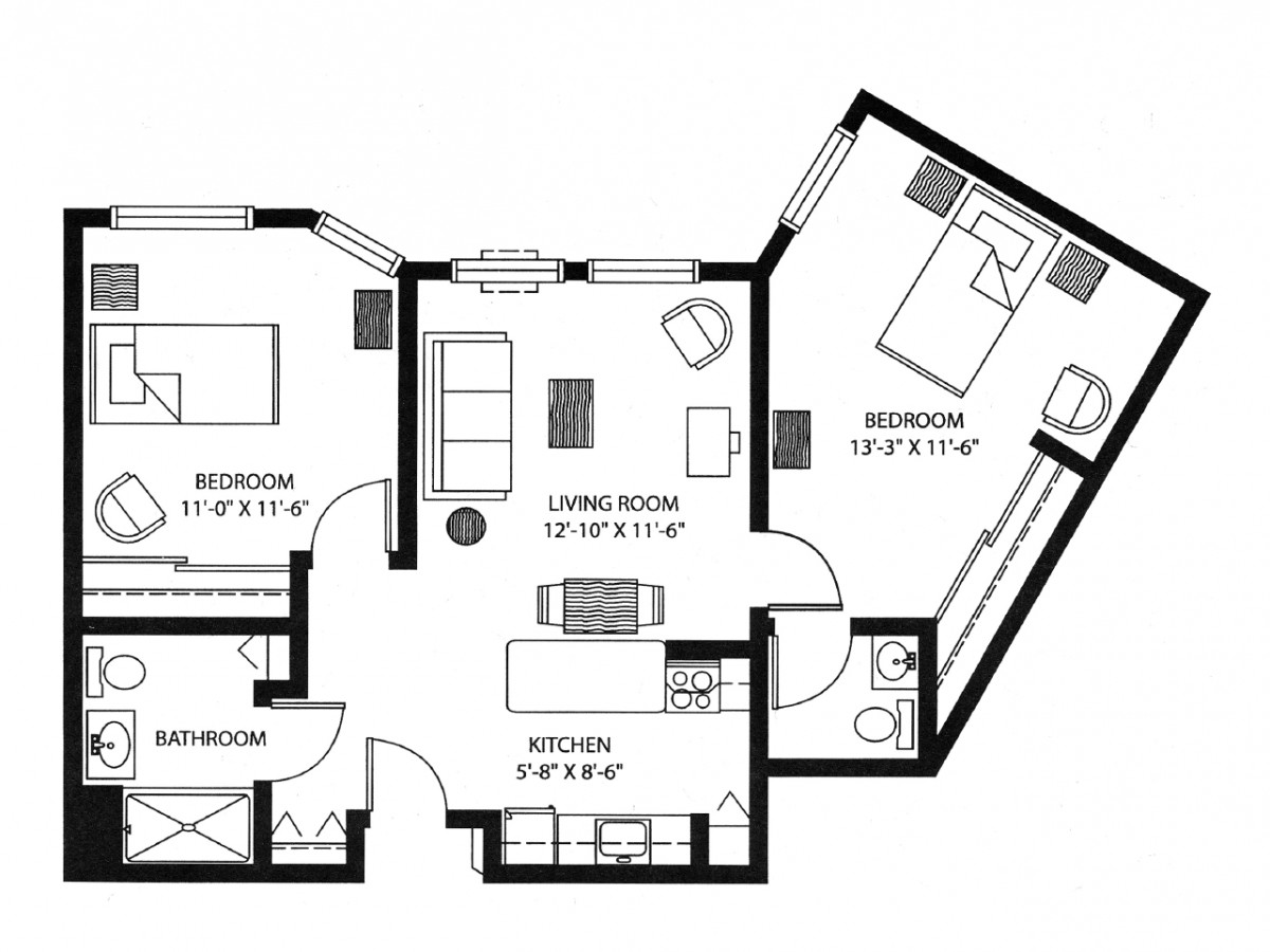 A detailed floor plan of a two-bedroom apartment showing the layout of rooms and furniture.
