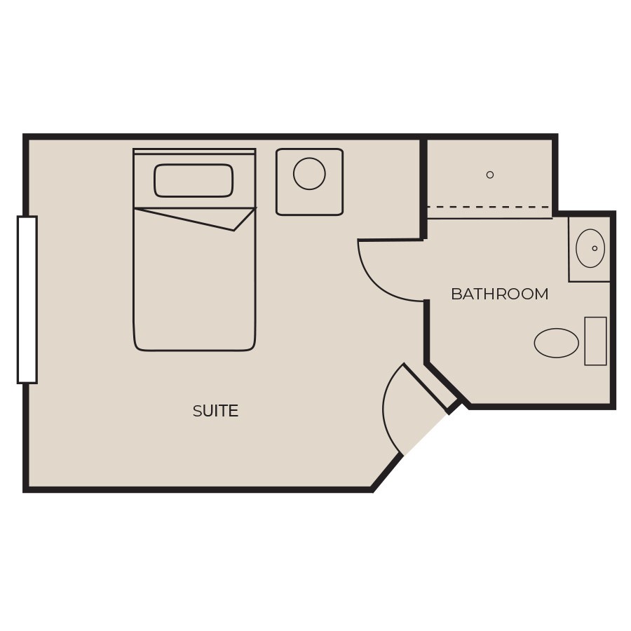 A simple floor plan showing a bedroom and attached bathroom.