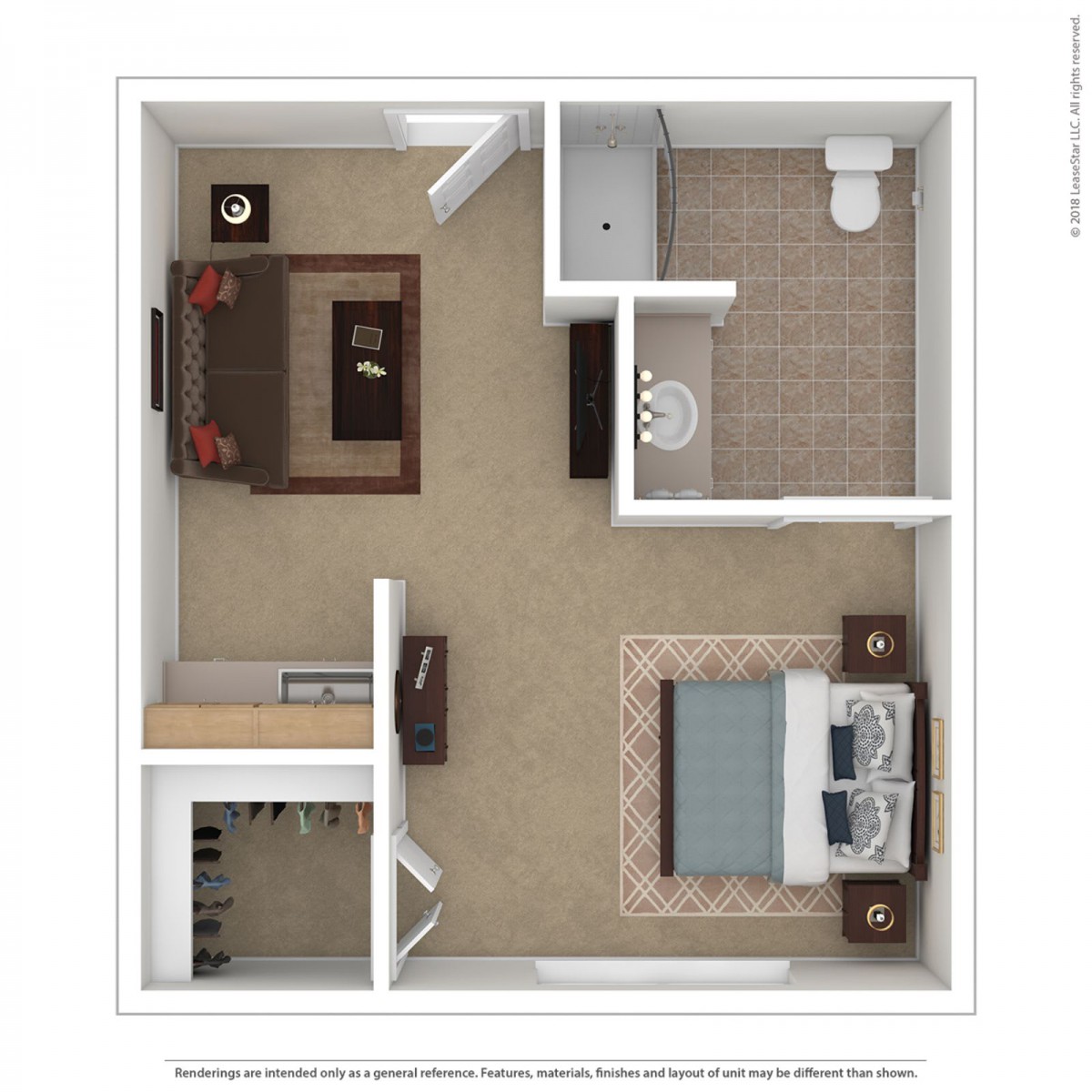 A floor plan of a one-bedroom apartment featuring a living room, kitchen, bedroom, and bathroom.