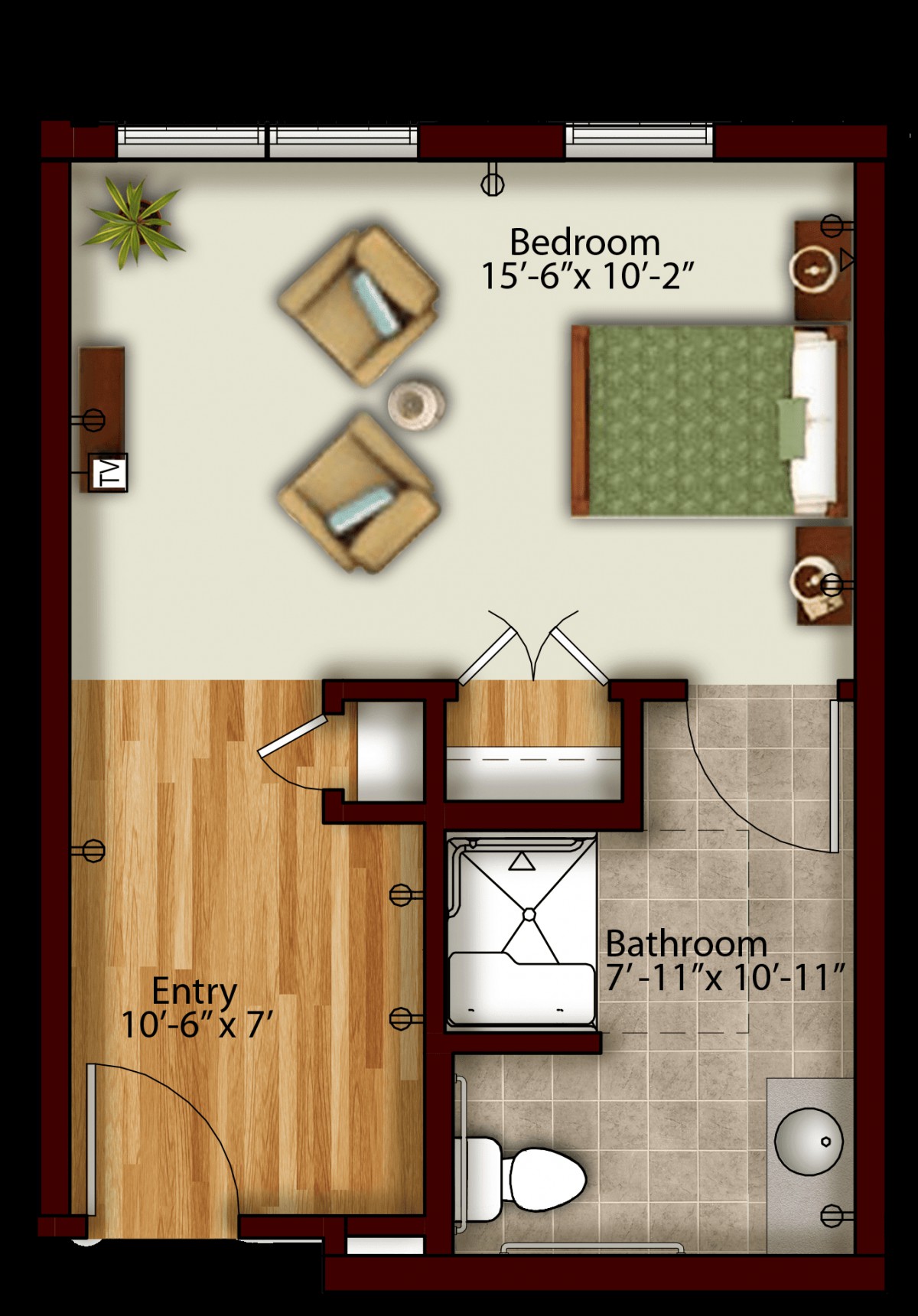 A floor plan of an apartment featuring a bedroom and bathroom layout.