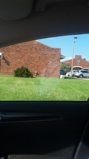 A view of a green lawn and a brick building from inside a car.