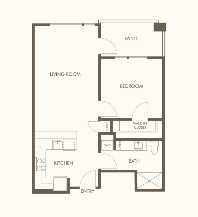 This is a floor plan of a one-bedroom apartment featuring a living room, kitchen, and patio.