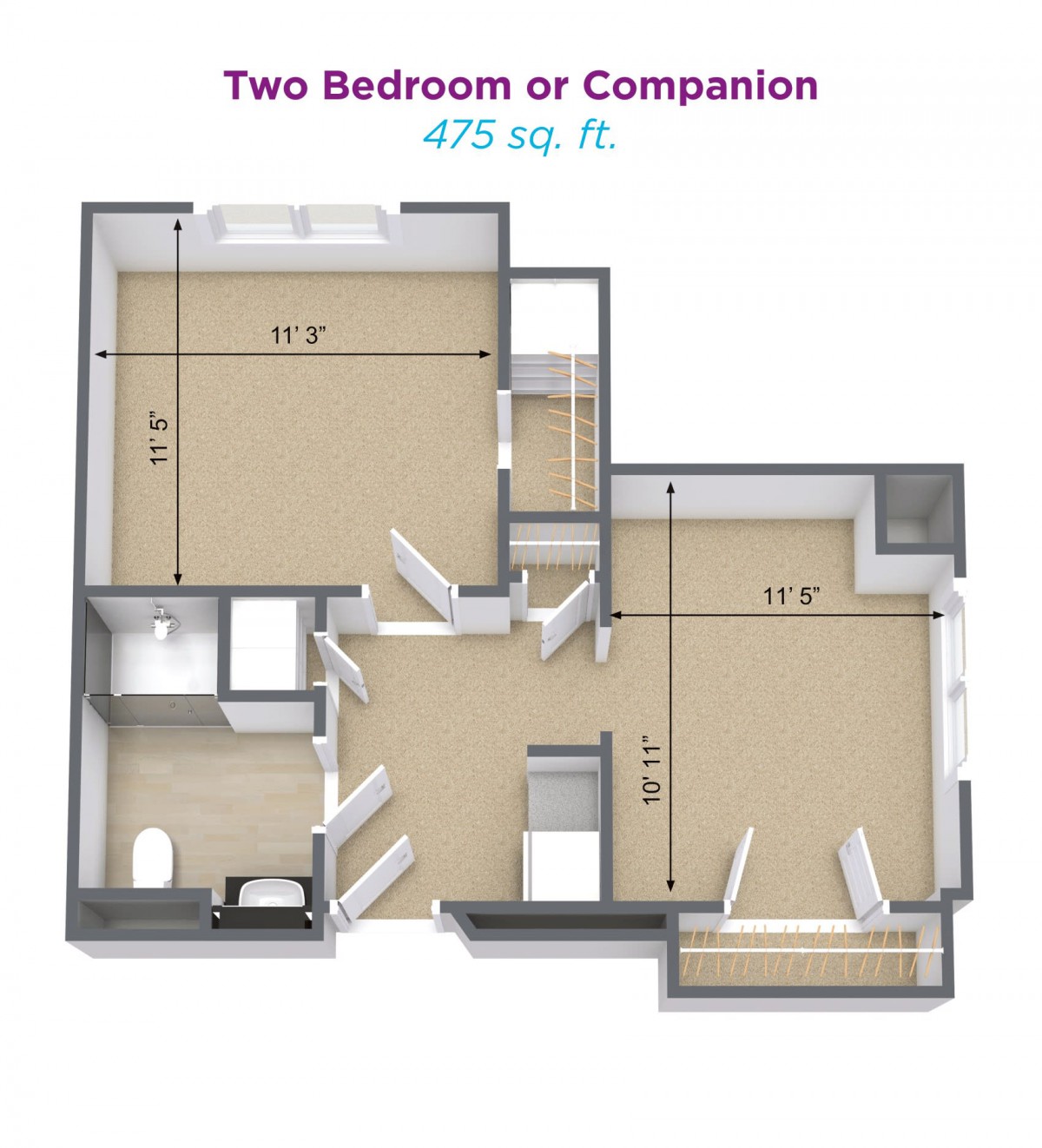 Floor plan of a 475 sq. ft. two-bedroom apartment.
