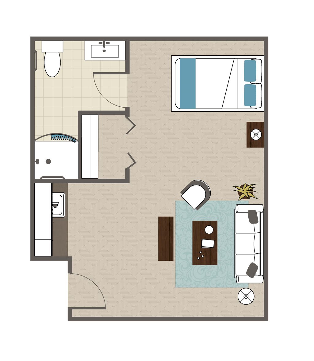 A one-bedroom apartment floor plan featuring a living area, a kitchen, and a bathroom.