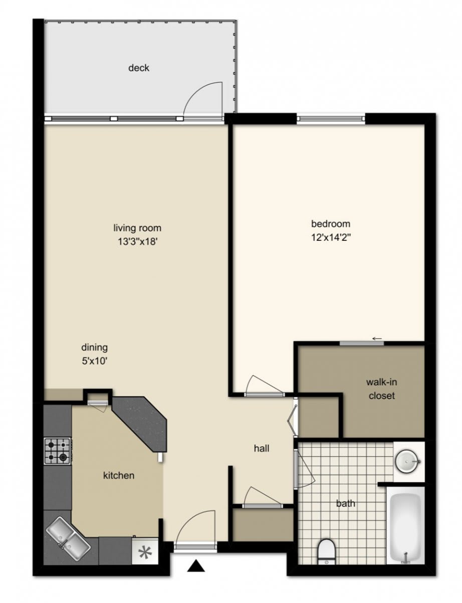 A floor plan of a one-bedroom apartment, featuring a living room, dining area, kitchen, bedroom, and bathroom.
