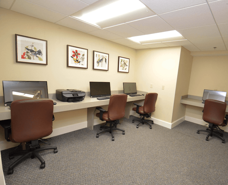 A computer room with multiple workstations and brown chairs.