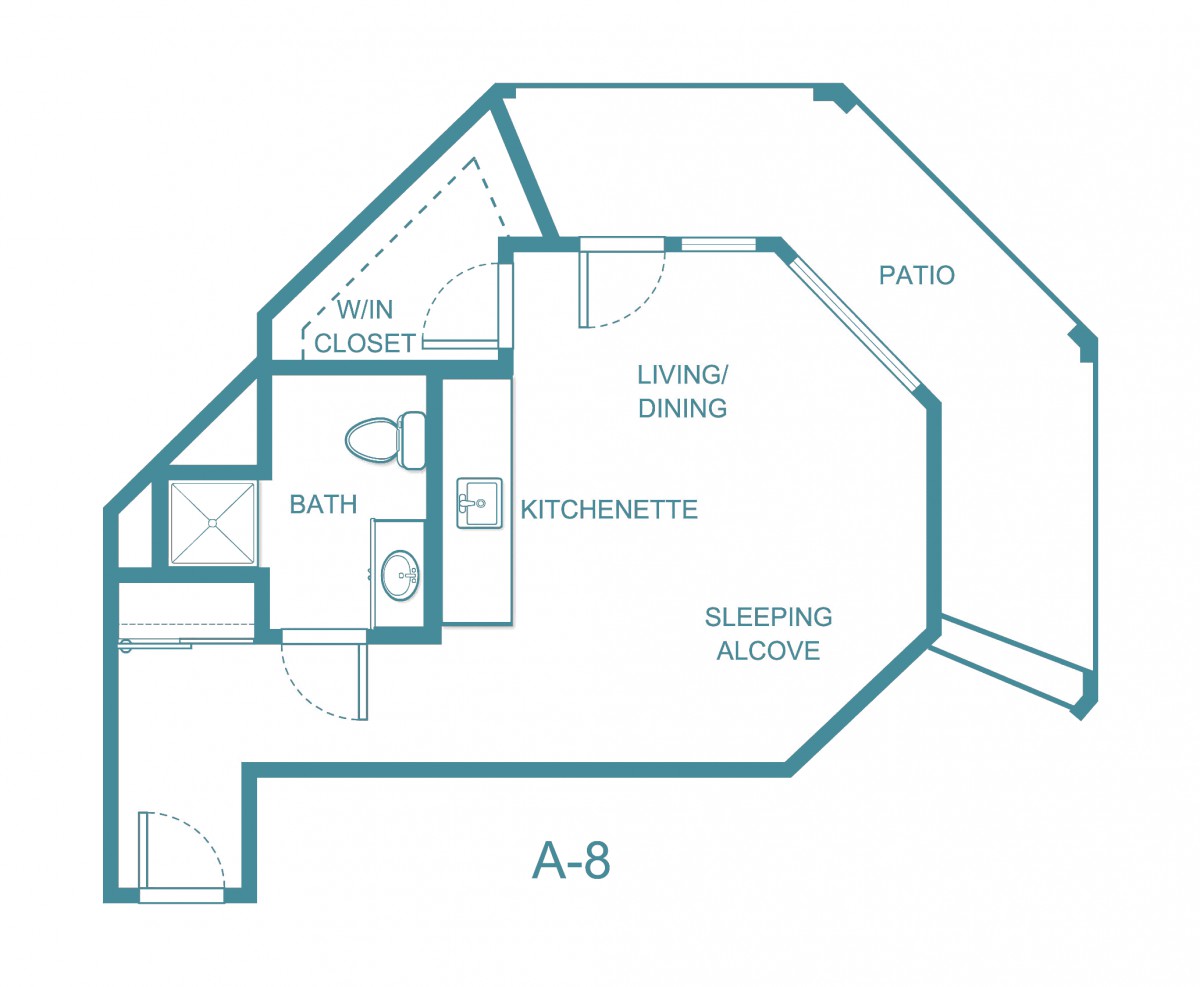 A floor plan for a residential apartment, featuring a living/dining area, kitchen, bathroom, closet, and patio.