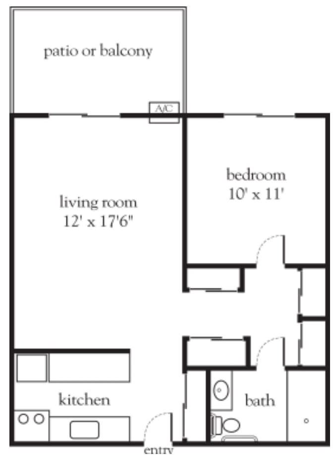 A simple floor plan showing a one-bedroom apartment layout with designated living room and bedroom spaces.