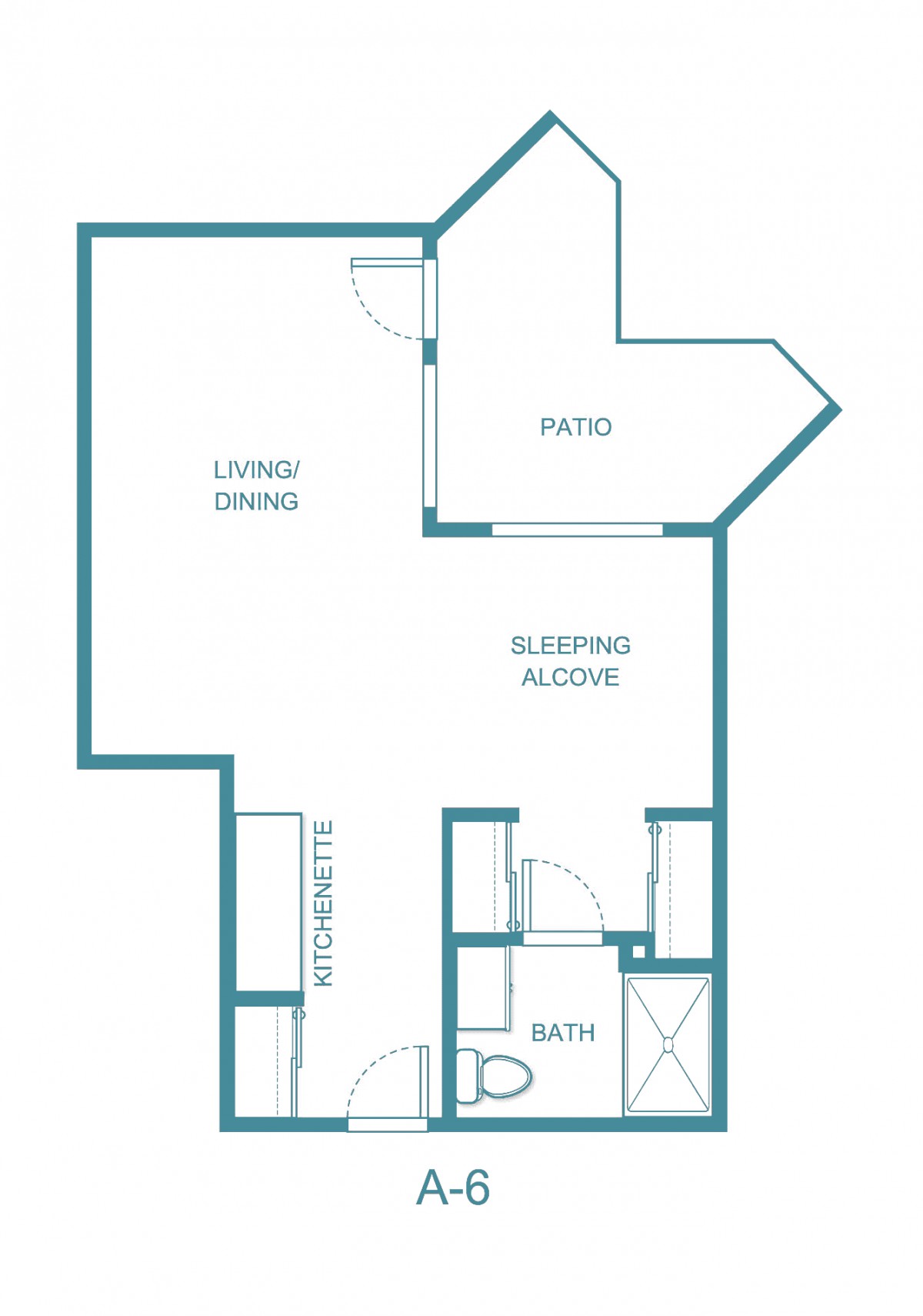 Studio apartment floor plan with a living/dining area, sleeping alcove, patio, bathroom, and kitchen.