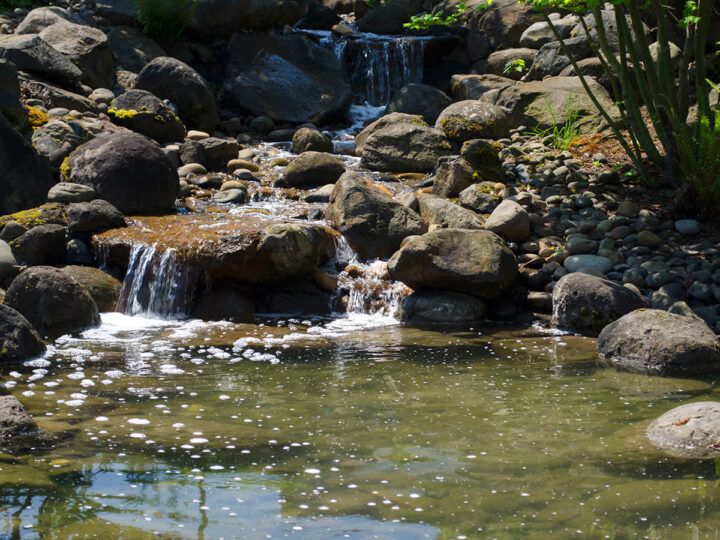 A serene waterfall cascading over rocks into a clear pond.