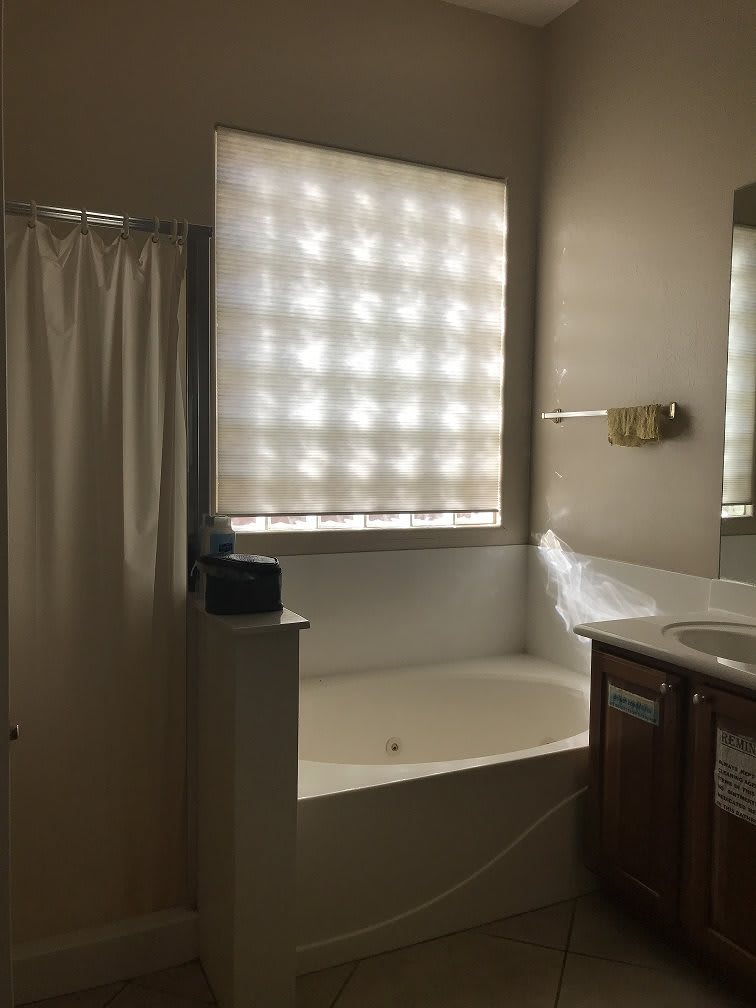 A bathroom with a large bathtub, shower curtain, and a window illuminating the space.