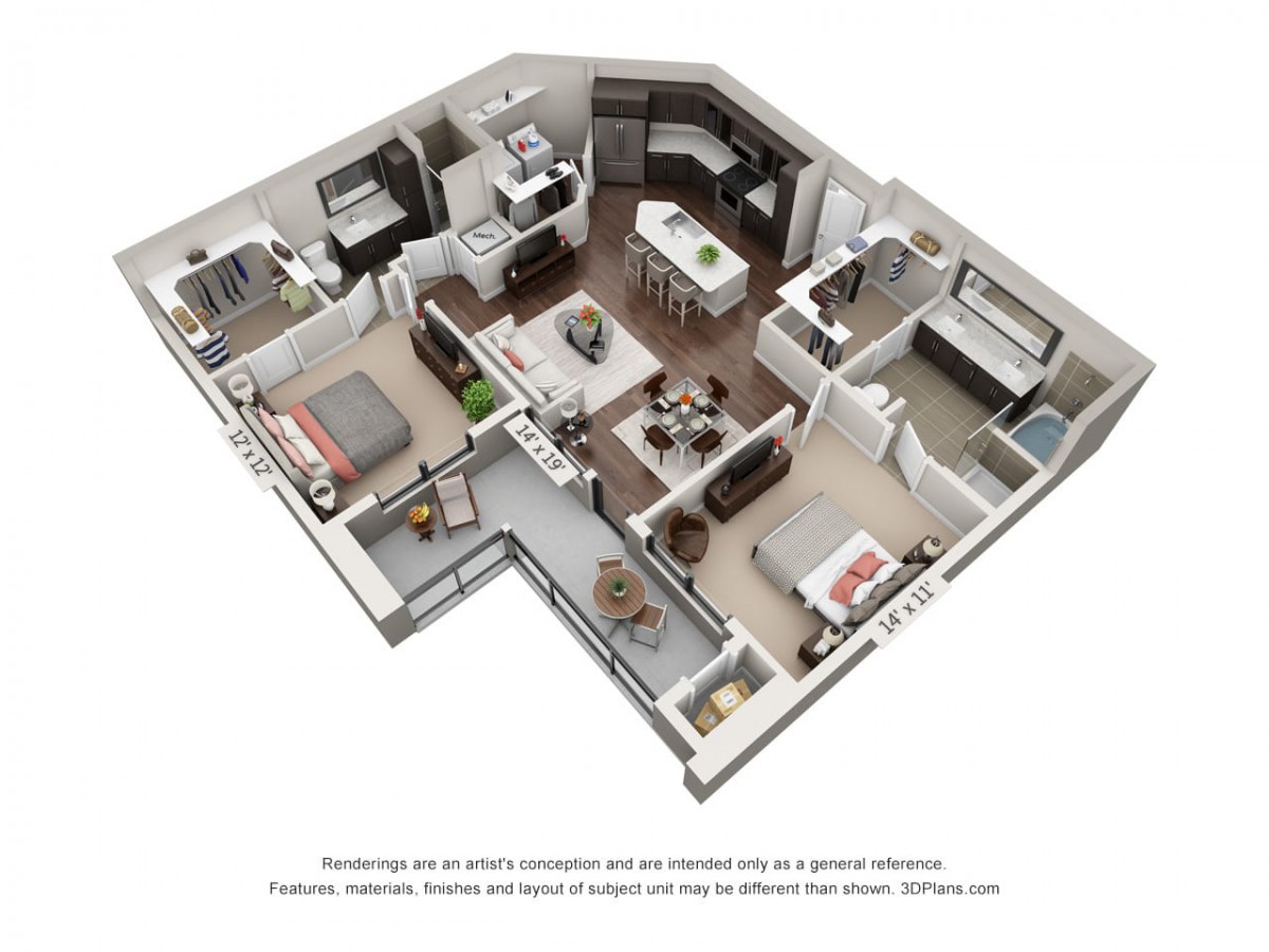 A modern 3D floor plan of an open-concept apartment featuring two bedrooms, a spacious living room, and a kitchen.