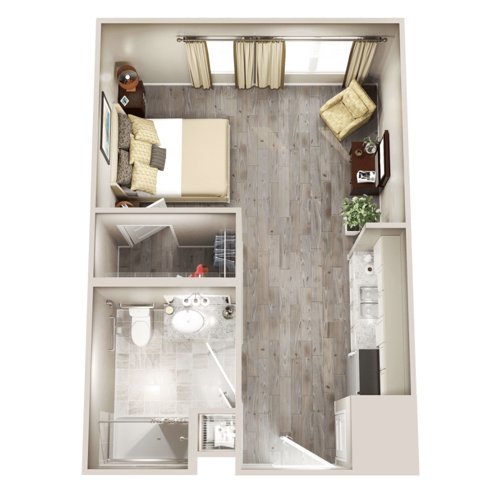 A studio apartment floor plan featuring a bedroom, living area, kitchen, and bathroom.