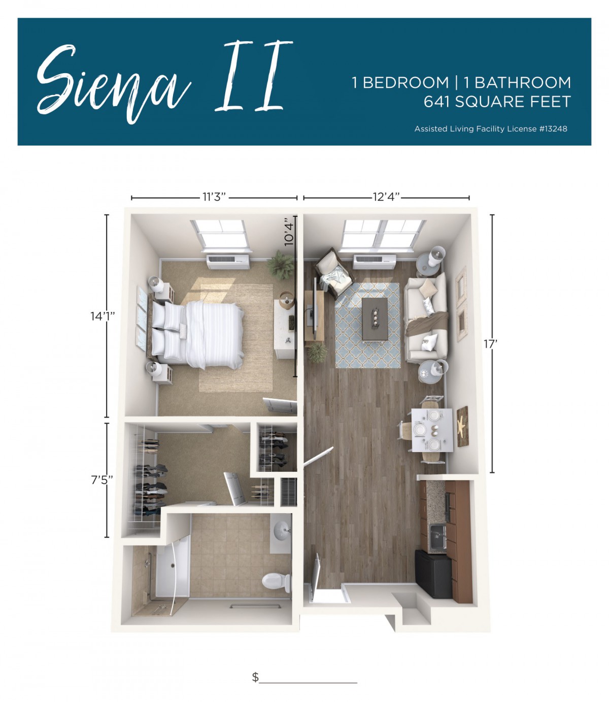 A floor plan of the Siena II apartment featuring one bedroom and one bathroom.