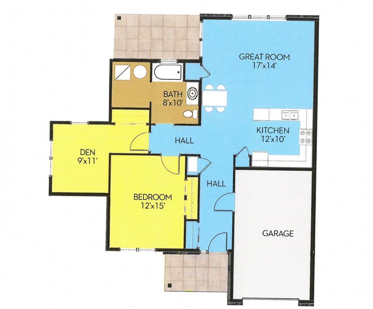 A floor plan showing the layout of a house with labeled rooms including a great room, kitchen, bedroom, sun patio, garage, and bathrooms.