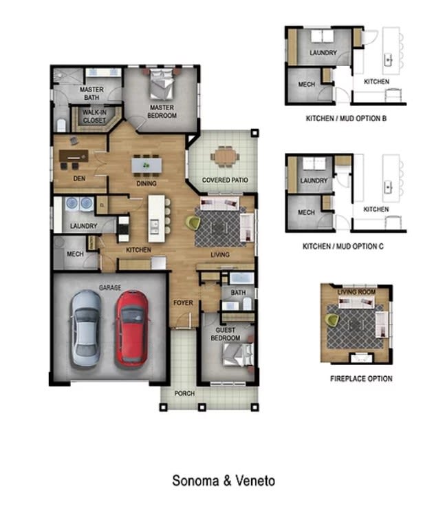 A detailed floor plan of a house with multiple rooms, including a garage, kitchen, living room, bedrooms, and bathrooms.