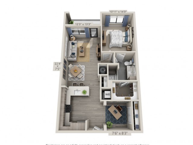 One-bedroom apartment floor plan with a living room, kitchen, bathroom, and balcony.
