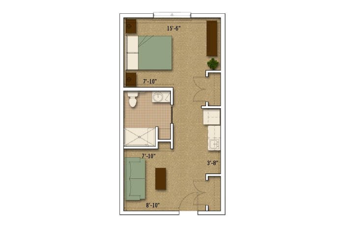 A simple floor plan of an apartment with two bedrooms.
