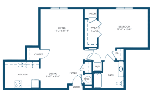 Blueprint of an apartment showcasing the layout of rooms including living, dining, and bedroom areas.