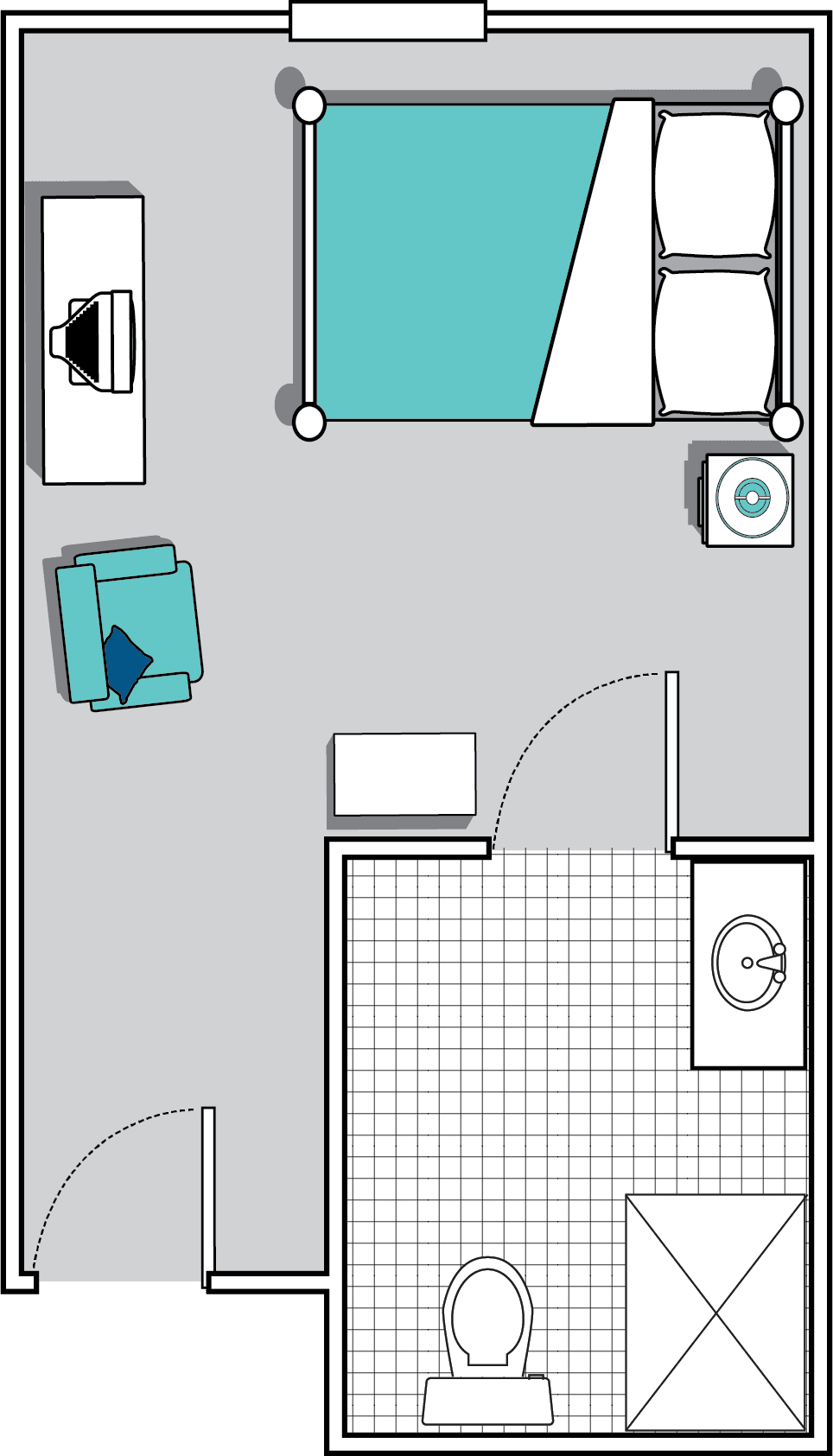 A floor plan of a bedroom with furniture arrangement.