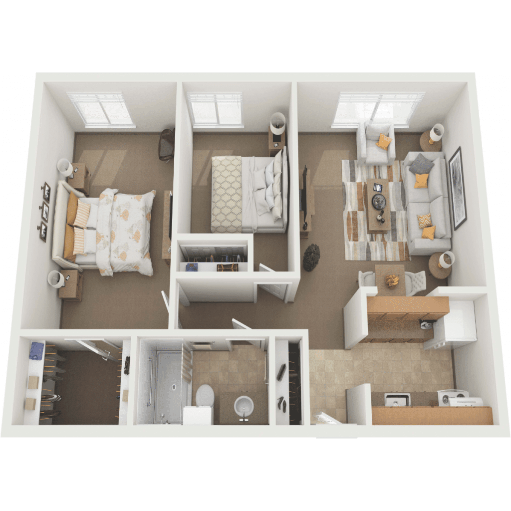 A 3D rendering of a two-bedroom apartment floor plan featuring a living room, kitchen, and bathroom.