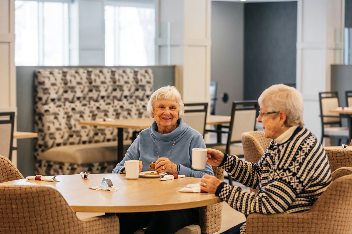 Two seniors enjoying a conversation over tea in a comfortable indoor setting.