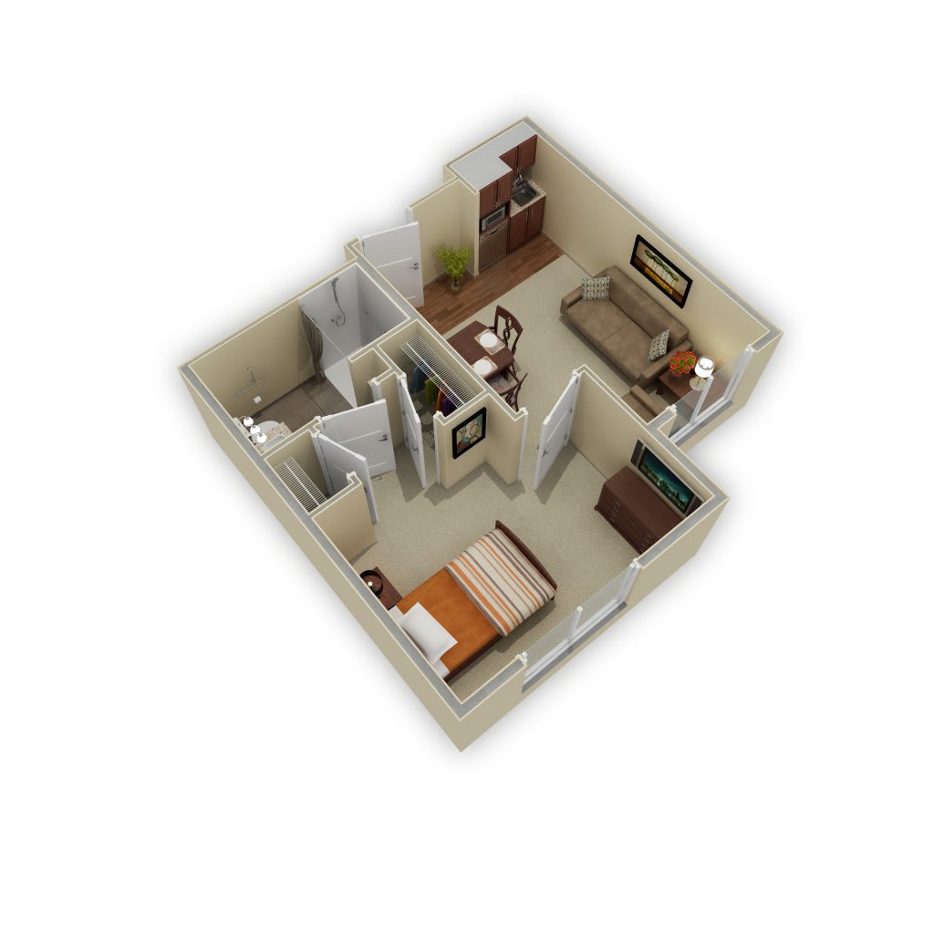 A 3D floor plan of a compact apartment featuring a bedroom, bathroom, living room, and kitchen area.