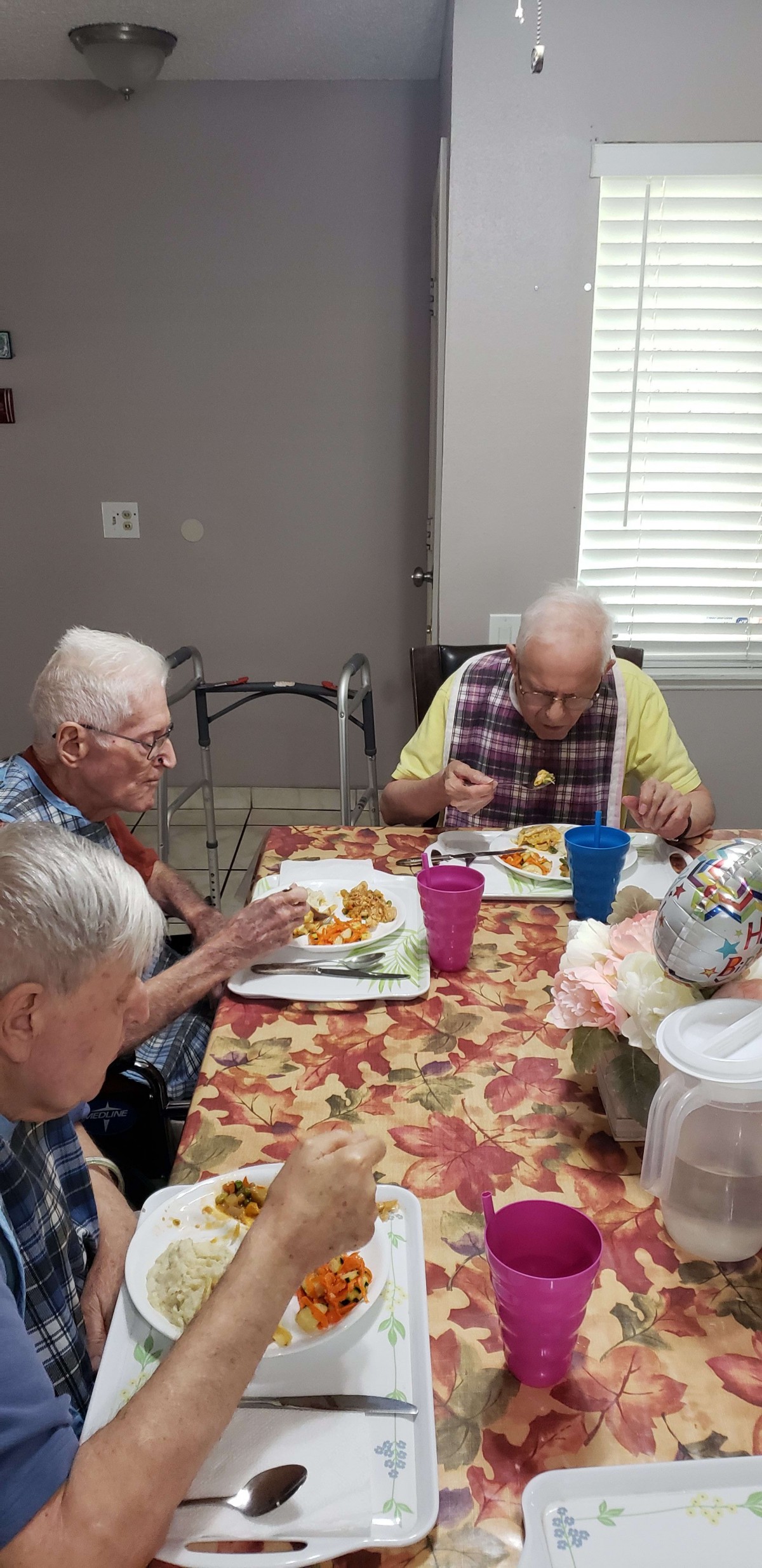 Three elderly individuals enjoying a meal together at home.