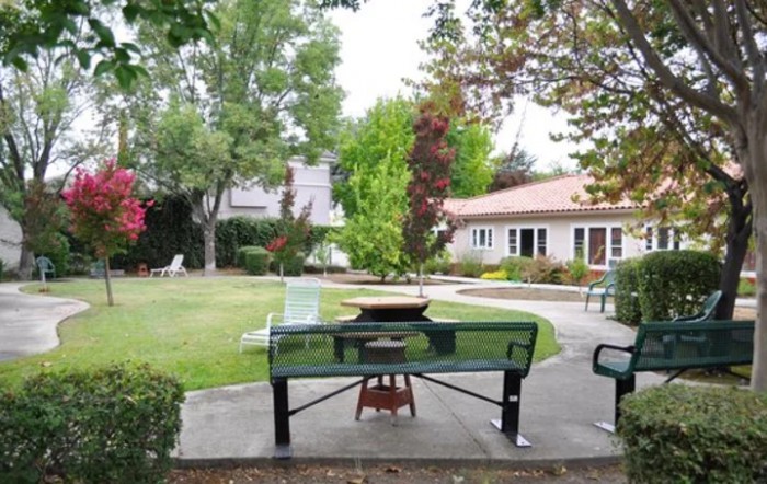 A peaceful garden setting with benches, surrounded by lush greenery and a winding walkway.