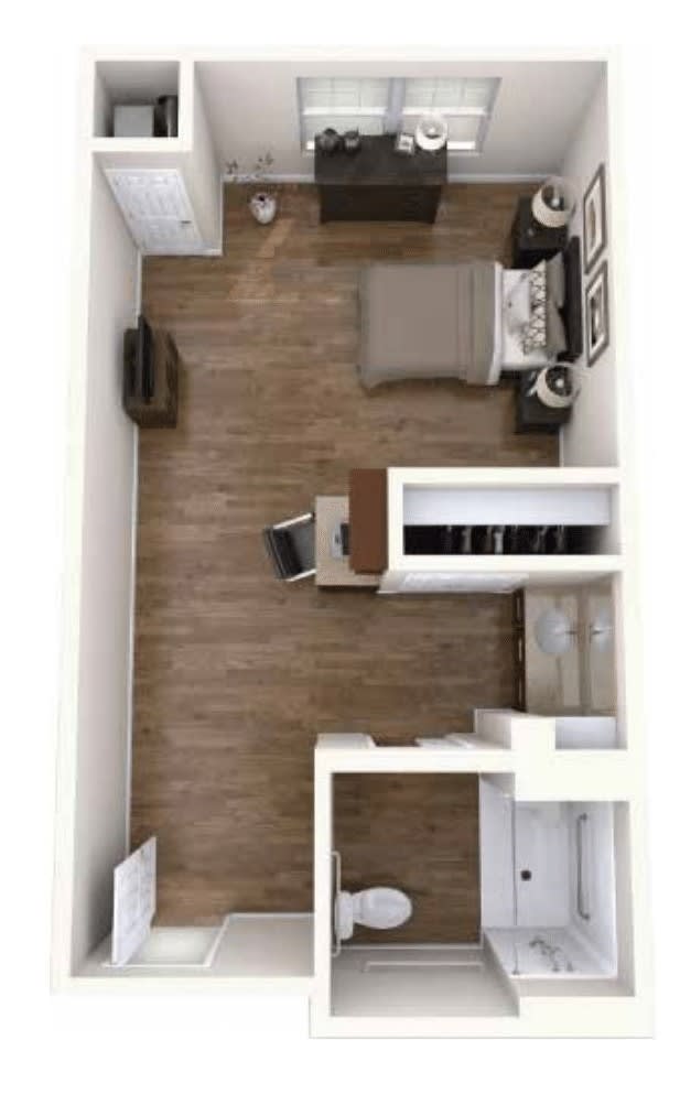 A 3D floor plan of a compact bedroom featuring a single bed, desk, and wardrobe.