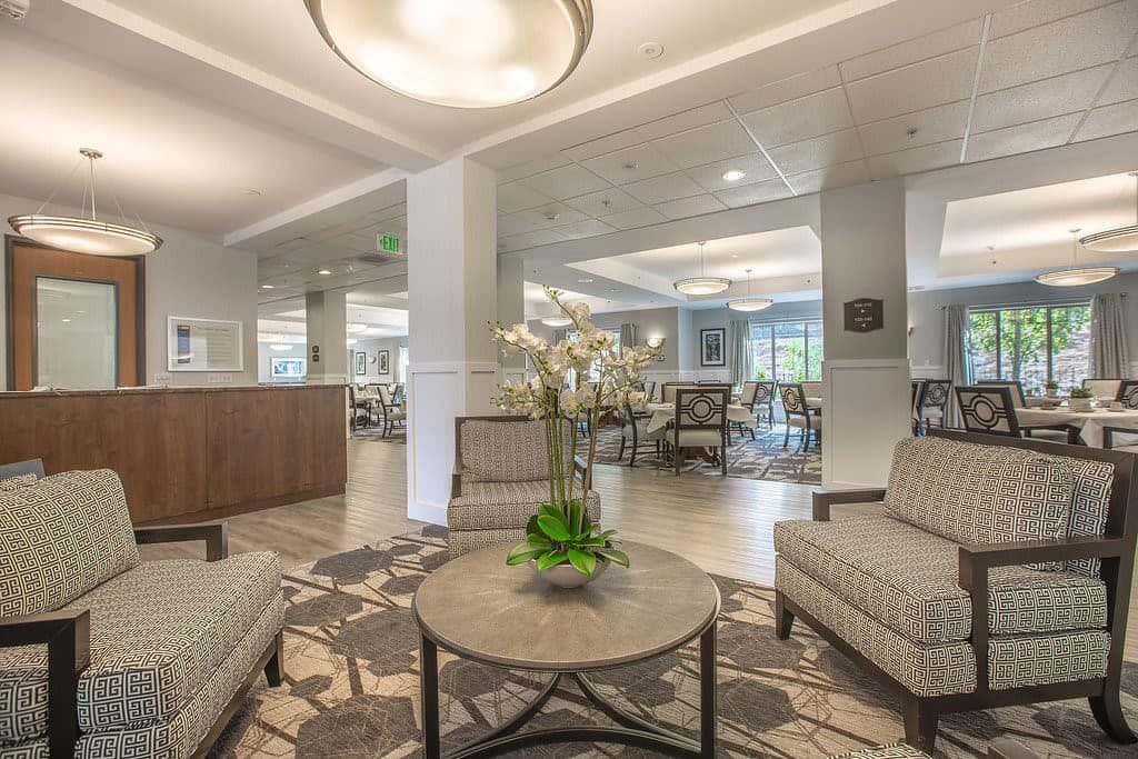 A modern lobby with comfortable seating and elegant decor.